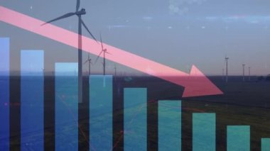 Rüzgar türbinleri üzerinde veri işleme animasyonu. küresel iş ve dijital arayüz kavramı dijital olarak oluşturulmuş video.