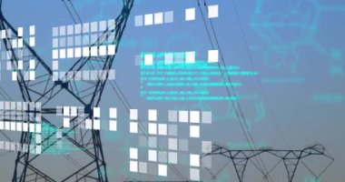 Elektrik direklerinin üzerinde hareket eden kare ışıkların animasyonu. Enerji, elektrik ve teknoloji konsepti dijital olarak üretilen video.