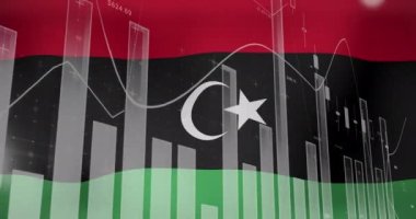 Libya bayrağı üzerinde veri işleme animasyonu. Dünyanın bayrakları ve dijital arayüz konsepti dijital olarak oluşturulmuş video.