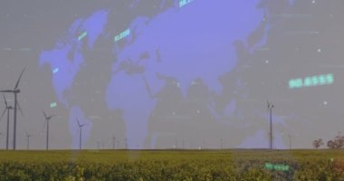 Rüzgar türbinleri üzerinde veri işleme animasyonu. küresel iş ve dijital arayüz kavramı dijital olarak oluşturulmuş video.