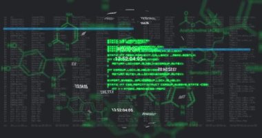 Siyah zemin üzerindeki kimyasal formüller üzerinden veri işleme animasyonu. veri işleme, bilim, ağ, bilgisayar ve teknoloji konsepti dijital olarak oluşturulmuş video.