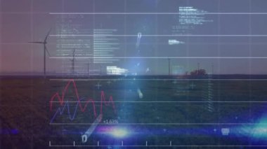 Rüzgar türbinleri üzerinde veri işleme animasyonu. küresel iş ve dijital arayüz kavramı dijital olarak oluşturulmuş video.
