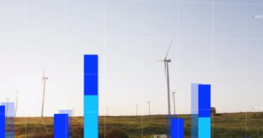 Rüzgar türbinleri üzerinde veri işleme animasyonu. küresel iş ve dijital arayüz kavramı dijital olarak oluşturulmuş video.