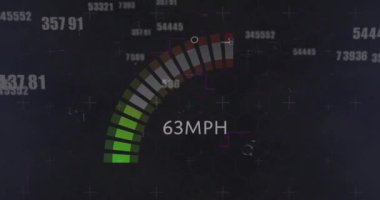 Hız göstergesi, asma kilit ve siyah arkaplan üzerinde numara değiştirme animasyonu. otomotiv, araba, hız ve teknoloji konsepti dijital olarak oluşturulmuş video.