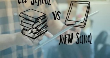 Tablet kullanan beyaz çocuğun okul simgeleri ve metinlerinin animasyonu. Ulusal kitap severler günü ve dijital olarak oluşturulan video konsepti.