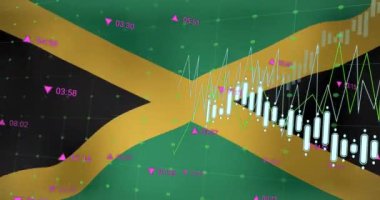 Jamaika bayrağı üzerinde veri işleme animasyonu. Dünyanın bayrakları ve dijital arayüz konsepti dijital olarak oluşturulmuş video.