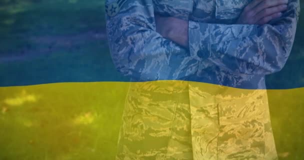 Κινούμενο Σχέδιο Της Ουκρανικής Σημαίας Πάνω Από Σημαιοφόρο Άνδρα Στρατιώτη — Αρχείο Βίντεο