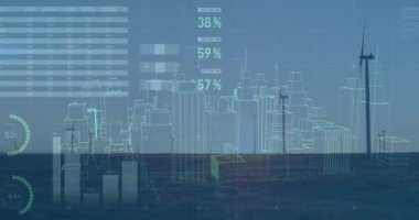 Rüzgar türbinleri üzerinde veri işleme animasyonu. küresel iş ve dijital arayüz kavramı dijital olarak oluşturulmuş video.