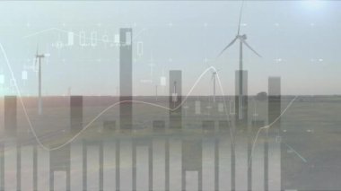 Rüzgar türbinleri üzerinde veri işleme animasyonu. küresel iş ve dijital arayüz kavramı dijital olarak oluşturulmuş video.