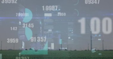 Rüzgar türbinleri üzerinde veri işleme animasyonu. küresel iş ve dijital arayüz kavramı dijital olarak oluşturulmuş video.