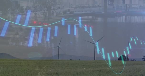 Rüzgar Türbinleri Üzerinde Veri Işleme Animasyonu Küresel Dijital Arayüz Kavramı — Stok video