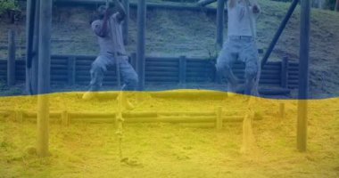 Çeşitli erkek askerler üzerinde Ukrayna bayrağının canlandırılması. Ukrayna krizi ve uluslararası politika kavramı dijital olarak oluşturuldu.