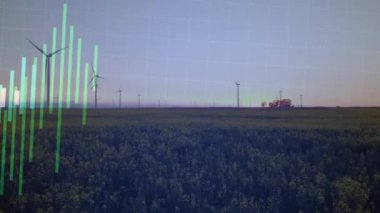 Rüzgar türbinleri üzerinde veri işleme animasyonu. küresel iş ve dijital arayüz kavramı dijital olarak oluşturulmuş video.