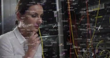 Beyaz kadının sunucuları kontrol etmesiyle ilgili hata ve değişen numaraların animasyonu. ağ, programlama, bilgisayarlar ve teknoloji konsepti dijital olarak oluşturulmuş video.