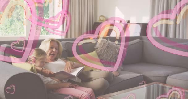 Animation Heart Icons Caucasian Mother Daughter Reading National Book Lovers — Vídeo de Stock