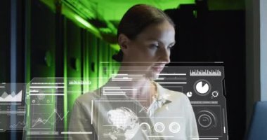 Beyaz kadın sunucu odasında çalışırken ekranlardaki grafik ve verilerin animasyonu. ağ, programlama, bilgisayarlar ve teknoloji konsepti dijital olarak oluşturulmuş video.