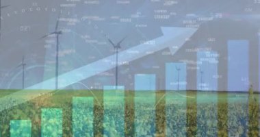 Rüzgar türbinleri üzerinde veri işleme animasyonu. küresel iş ve dijital arayüz kavramı dijital olarak oluşturulmuş video.
