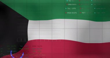 Kuveyt bayrağı üzerinde veri işleme animasyonu. Dünyanın bayrakları ve dijital arayüz konsepti dijital olarak oluşturulmuş video.