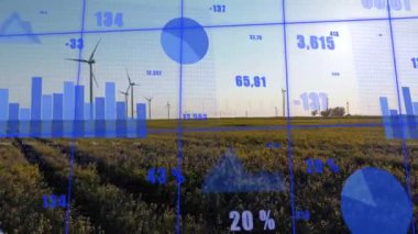 Rüzgar türbinleri üzerinde veri işleme animasyonu. küresel iş ve dijital arayüz kavramı dijital olarak oluşturulmuş video.