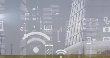 Rüzgar türbinleri üzerinde veri işleme animasyonu. küresel iş ve dijital arayüz kavramı dijital olarak oluşturulmuş video.