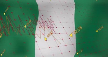 Nijerya bayrağı üzerinde veri işleme animasyonu. Dünyanın bayrakları ve dijital arayüz konsepti dijital olarak oluşturulmuş video.