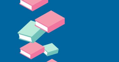 Mavi arka planda kitap simgelerinin canlandırılması. Ulusal kitap severler günü ve dijital olarak oluşturulan video konsepti.