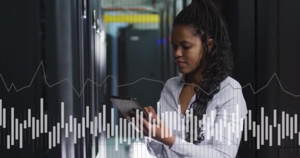 Animation Graphs Data African American Woman Server Room Network Programming — Stock Video