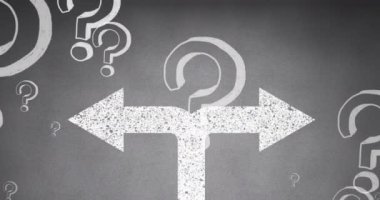 Gri arkaplandaki oklar üzerindeki soru işaretlerinin canlandırılması. küresel ulaşım, seyahat ve dijital arayüz kavramı dijital olarak oluşturulmuş video.