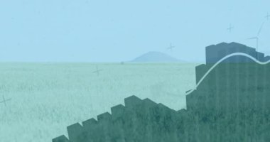 Rüzgar türbinleri üzerinde veri işleme animasyonu. küresel iş ve dijital arayüz kavramı dijital olarak oluşturulmuş video.