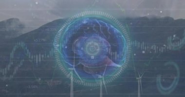 Rüzgar türbinleri üzerinde veri işleme animasyonu. küresel iş ve dijital arayüz kavramı dijital olarak oluşturulmuş video.