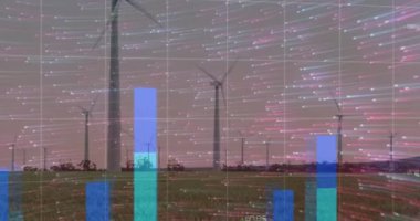 Rüzgar türbinleri üzerinde veri işleme animasyonu. küresel iş ve dijital arayüz kavramı dijital olarak oluşturulmuş video.