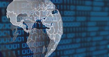 Siyah arka planda küresel ve ikili kodların animasyonu. veri işleme, ağ, bilgisayar ve teknoloji konsepti dijital olarak oluşturulmuş video.