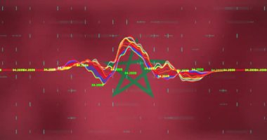 Fas bayrağı üzerinde veri işleme animasyonu. Dünyanın bayrakları ve dijital arayüz konsepti dijital olarak oluşturulmuş video.