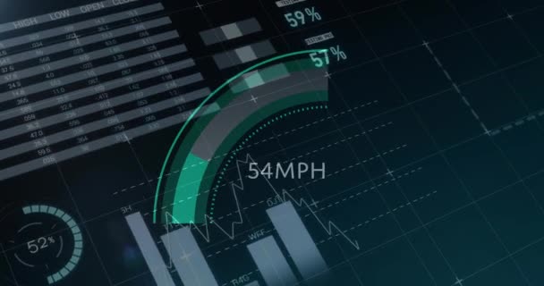 Animacja Wykresów Różnorodnych Danych Prędkościomierzu Czarnym Tle Koncepcja Motoryzacji Samochodu — Wideo stockowe
