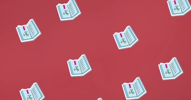 Анімація Піктограм Книг Червоному Тлі Національний День Закоханих Книг Концепція — стокове відео