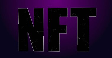 Menekşe arkaplan üzerinde siyah nft metin resmi. küresel ağ, dijital kaynaklar, teknoloji ve dijital arayüz kavramı dijital olarak oluşturulmuş görüntü.