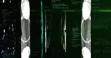 Siyah arkaplandaki veri işleme ve şekillerinin resmi. küresel teknoloji ve dijital arayüz kavramı dijital olarak oluşturulmuş görüntü.