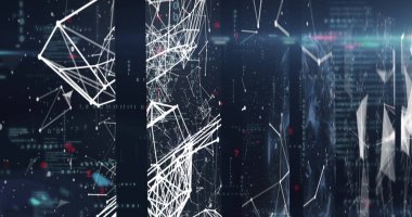 Siyah arkaplandaki veri işleme ve şekillerinin resmi. küresel teknoloji ve dijital arayüz kavramı dijital olarak oluşturulmuş görüntü.