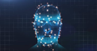 Siyah arka planda dijital kafa ve veri işleme resmi. küresel teknoloji ve dijital arayüz kavramı dijital olarak oluşturulmuş görüntü.