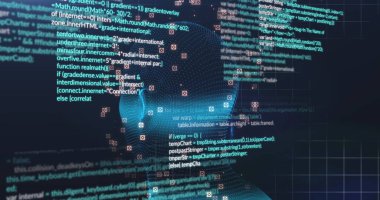 Siyah arka planda dijital kafa ve veri işleme resmi. küresel teknoloji ve dijital arayüz kavramı dijital olarak oluşturulmuş görüntü.