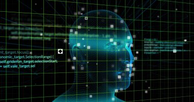 Siyah arka planda dijital kafa ve veri işleme resmi. küresel teknoloji ve dijital arayüz kavramı dijital olarak oluşturulmuş görüntü.