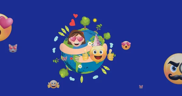 Immagine Emoticon Che Galleggiano Mani Che Tengono Globo Sfondo Blu — Foto Stock