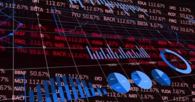 Kara fon üzerine istatistik ve veri işleme animasyonları. Global, dijital olarak oluşturulan iş ve veri işleme kavramını finanse eder.