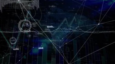 Karanlık arka planda bağlantı ağının ve veri işleme ağının animasyonu. Dijital arayüz veri işleme kavramını dijital olarak oluşturan küresel bağlantılar.
