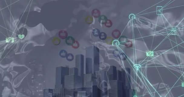 Animación Red Conexiones Con Iconos Sobre Paisaje Urbano Conexiones Globales — Vídeos de Stock