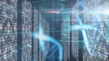 Dönen DNA iplikçikleri üzerinde veri işleme animasyonu. küresel bilim, araştırma ve veri işleme kavramı dijital olarak oluşturulmuş video.