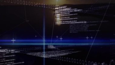 İkili kodlamanın animasyonu, manzara üzerindeki bağlantı ağları. küresel iş, bağlantılar ve veri işleme kavramı dijital olarak oluşturulmuş video.