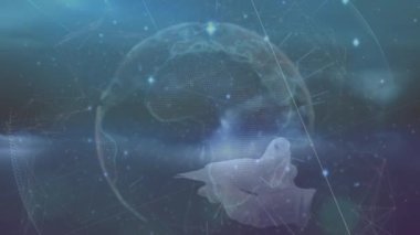 Küresel bağlantılar ve mavi arka planda beyaz güvercin salınımının animasyonu. küresel bağlantılar, barış, iletişim ve teknoloji konsepti dijital olarak oluşturulmuş video.