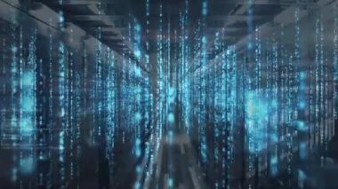 Bilgisayar sunucuları üzerinden veri işleme animasyonu. küresel veri işleme, hesaplama ve internet bağlantıları konsepti dijital olarak oluşturulmuş video.