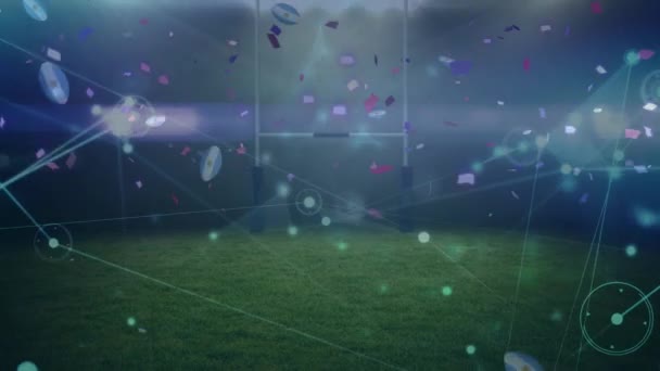Animation Von Fallenden Rugbybällen Und Netzwerk Von Verbindungen Über Flutlicht — Stockvideo